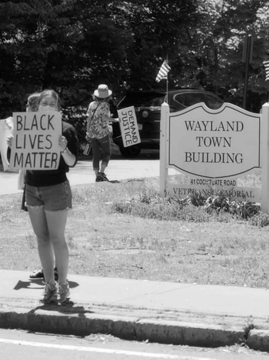 Signs on the lawn of the Wayland Town Building